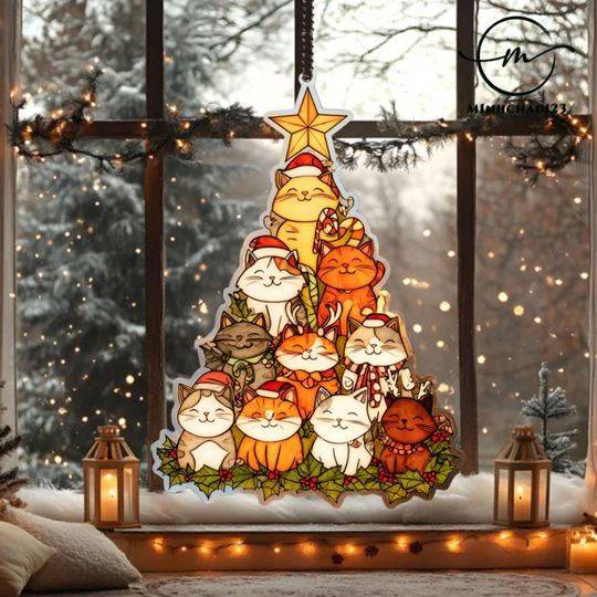 Discover Cat Christmas Tree Acrylic Suncatcher Ornament for Cat Lovers, Christmas Decoration