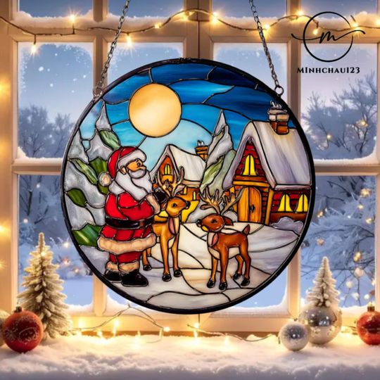Discover Merry Christmas Santa Claus Stained Glass Suncatcher, Acrylic Ornaments, Xmas Decoration