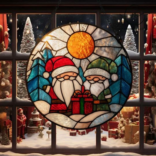 Discover Santa & Elves Stained Glass Suncatcher, Christmas Window Ornament, Santa Claus Home Decor