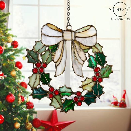 Discover Christmas Holly Wreath Acrylic Suncatcher, Window Hanging Decoration