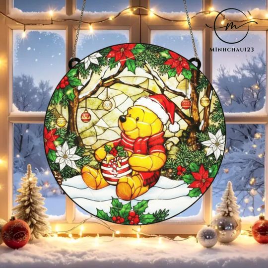 Winnie the Pooh Christmas Stained Glass Suncatcher, Pooh Bear Holiday Window Hanging, Disneyland Ornament
