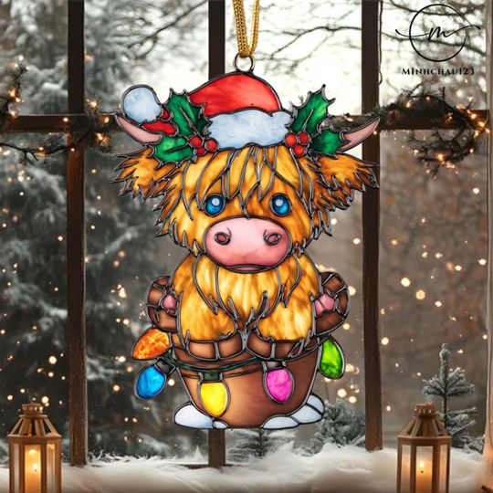 Discover Highland Cow Christmas Acrylic Suncatcher, Tree Decoration, Xmas Gift