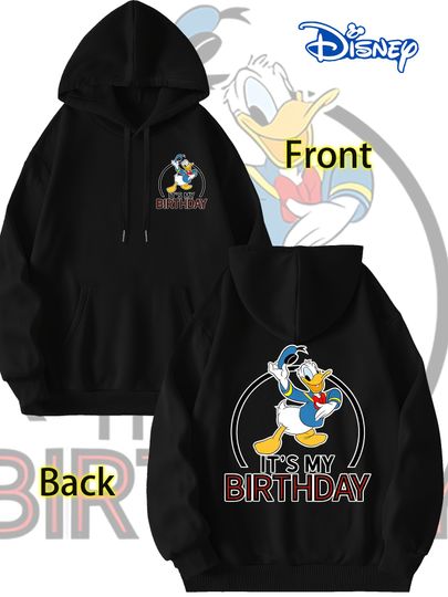 Discover Disney Donald Duck Birthday Pattern Hoodie with Front Birthday Text Disney Couple and Casual Four Seasons Hoodie
