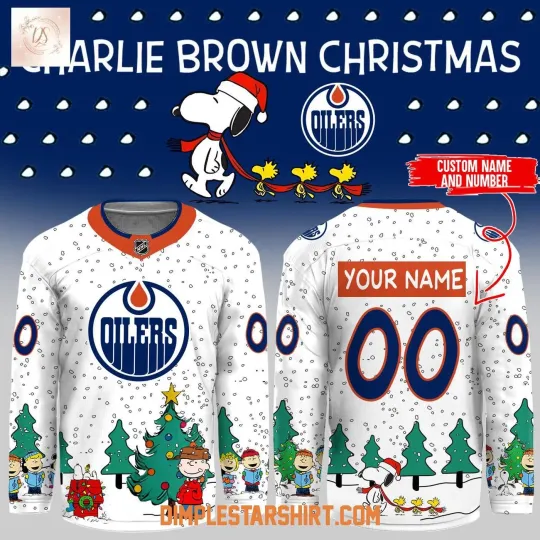 Discover Personalized Edmonton Oilers Cartoon Christmas White Hockey Shirt Men's Fan Gear