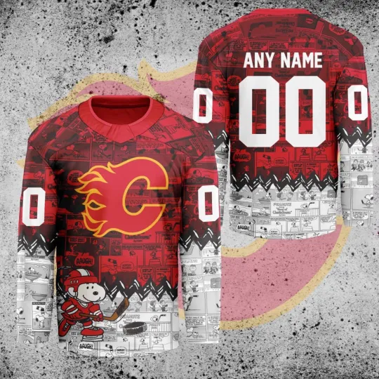 Discover Personalized Calgary Flames Peanuts 75th Anniversary Hockey Shirt Men's Fan Gear