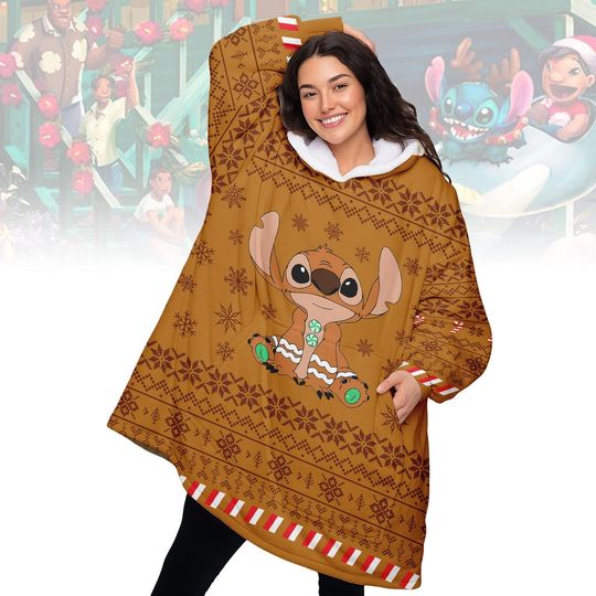 Discover Stitch Gingerbread Christmas Blanket Hoodie, Cute Cozy Wearable Blanket, Warm Sherpa Hoodie, Xmas Gift For Stitch Fans