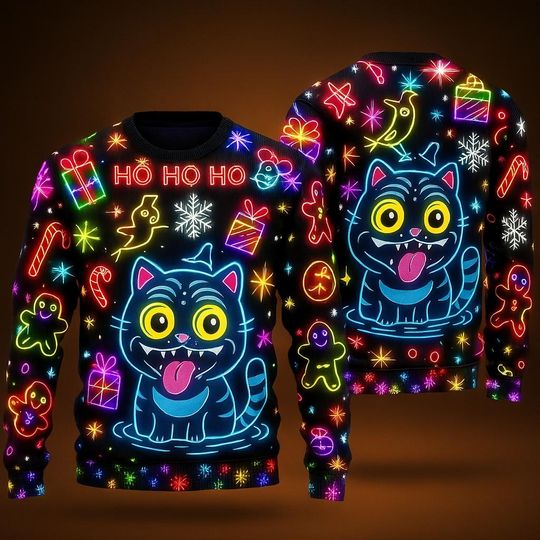 Discover Derpy Tiger Neon Ugly Christmas Sweater, Light Up Holiday Sweater, Xmas Gift, Glow in Dark Sweater, Kpop Xmas Kids Sweater