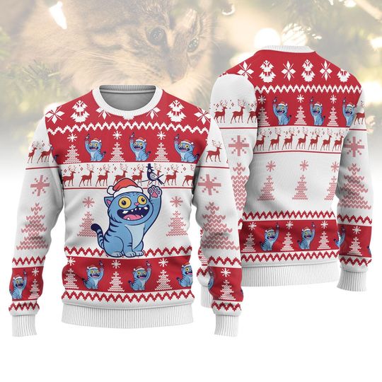 Derpy Tiger Christmas Sweater, Funny Blue Ugly Sweater, Cute Holiday Sweater, Cartoon Tiger Xmas Sweater, Cozy Winter Gift for Him Her