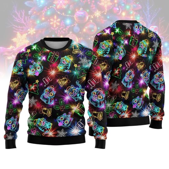 Neon Derpy Tiger Ugly Christmas Sweater, Blue Tiger Xmas Sweater, Funny Animal Sweater, Neon Holiday Xmas Gift, Christmas Gift