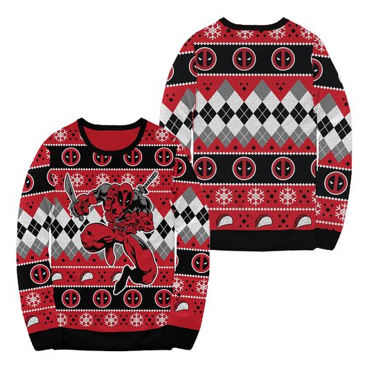 Marvel Deadpool Christmas Ugly Sweater Exaggerated Pop Retro Winter Red and Black Round Neck Hoodie Sweater Friends Fan Party