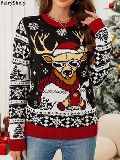 Discover Fairyshely 2025 Winter Casual Print Knitted Sweater Women O Neck Christmas Knit Pullover Top Ladies Long Sleeve Loose Jumper