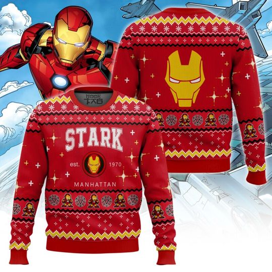 Discover New Marvel superhero Iron Man Q-version image Christmas ugly sweater red snowflakes stars holiday atmosphere and hero sentiment