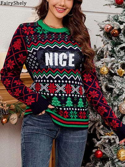 Discover Fairyshely 2025 Autumn Winter Christmas Knitted Sweater Women Casual Print Knit Pullover Lady O Neck Long Sleeve Loose Jumper