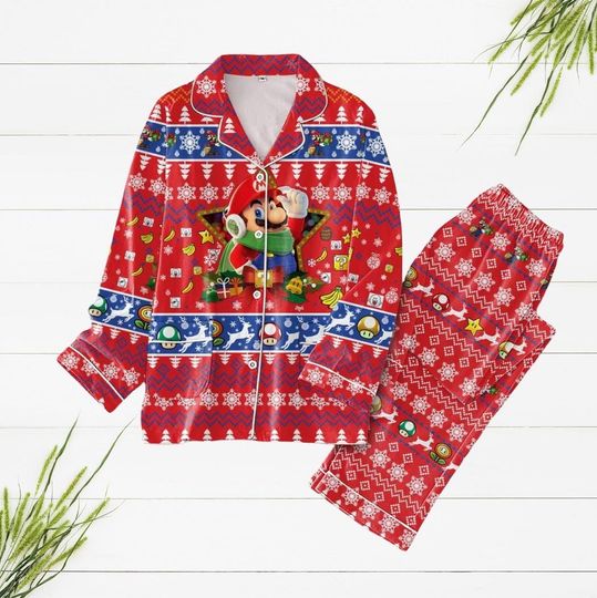 Super Mario Christmas Pajamas Set, Funny Mario Santa Hat Loungewear, Holiday Gaming Pajamas for Adults