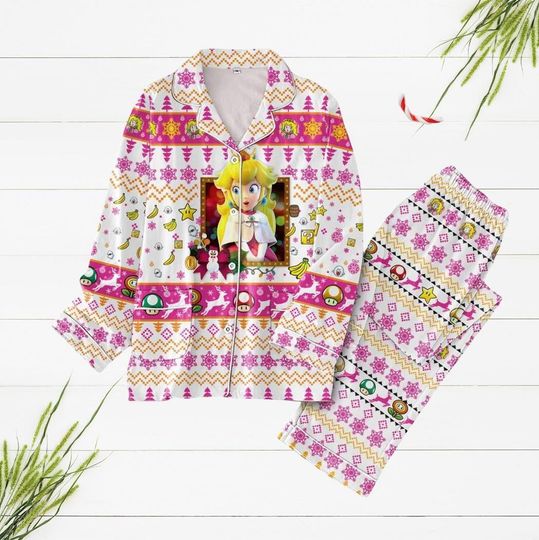 Princess Peach Adult Pajamas Set, Super Mario Christmas Pajamas, Video Game Themed Sleepwear