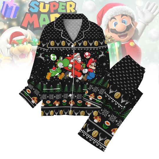 Super Mario Christmas Pajama Set for Women, Santa Claus and Luigi Loungewear, Funny Gamer Nightwear