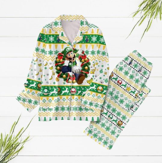 Luigi Super Mario Ugly Christmas Pajamas Set for Adults, Holiday Gaming Pajamas, Video Game Character Sleepwear