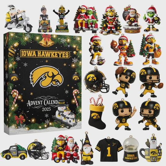 Discover Iowa Hawkeyes Advent Calendar 2025, 24 Days of Herky the Hawk & NCAA Football Ornaments, UI Alumni Gift Set