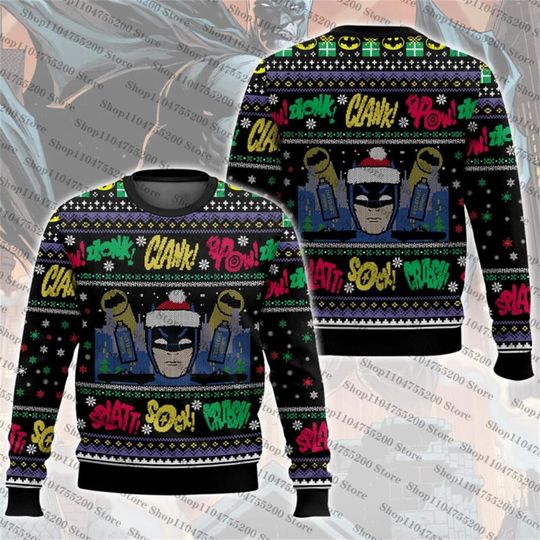 Batman Santa Hat Text Ugly Christmas Sweater Men Women Sweatshirt Holiday Pullover Round Neck Top Atmosphere Family Gifts