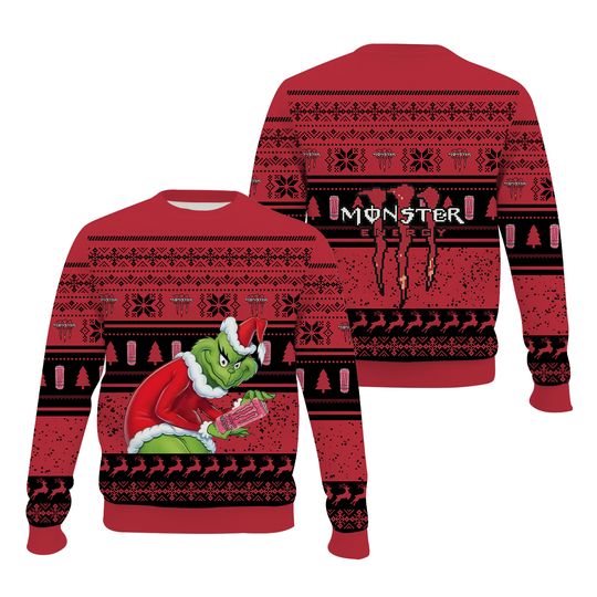 Discover Monster Energy Christmas Ugly Sweater Christmas Red Striped Splicing Christmas Hat Fashionable Cute Fun Daily Wear Winter Warmth