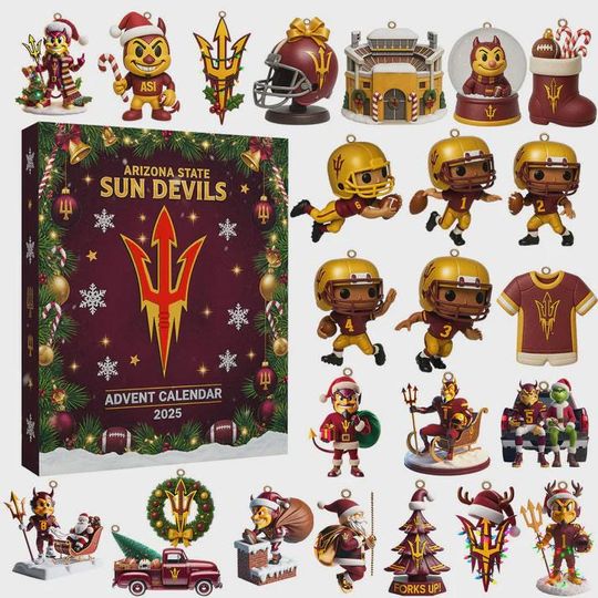 Discover Arizonna State Sun Devills Advent Calendar 2025 | 24 Days of NCAA Football & Trident Ornaments | ASU Alumni Gift Set