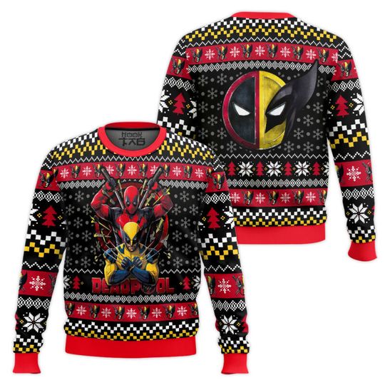 Discover Marvel superhero Deadpool Wolverine Christmas Ugly Sweater Battle Fusion Image Snowflake Christmas Tree Elements Fashion Trend