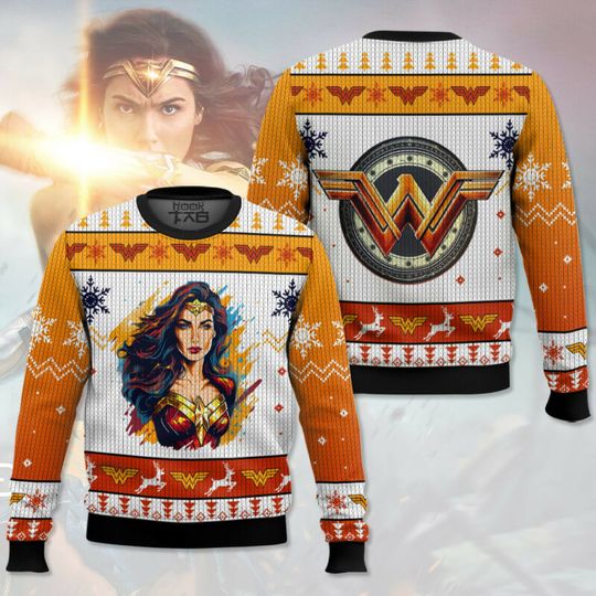 Marvel Wonder Woman W Logo Snowflakes Reindeer Christmas Tree Christmas Pullover Ugly Sweater Festive Atmosphere Christmas Gift