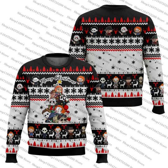 Trendy Fun Christmas Limited Black White Horror Villains Ugly Sweater Cool Funny Sweatshirt Xmas Print Pullover 2026 New Jumper