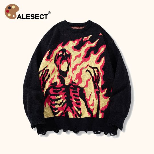 CALESECT Oversize Streetwear Flame Skeleton Knit Sweater Y2K Harajuku Skull Pullover Women Men Vintage Loose Aesthetic Jumper