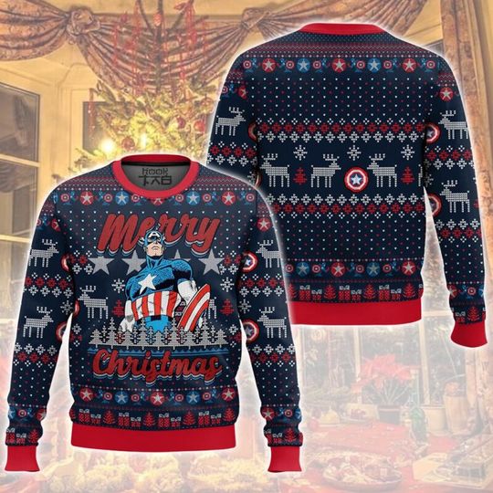 Autumn winter new Christmas ugly sweater snowflake reindeer Marvel Captain America shield fan gathering holiday casual outfit