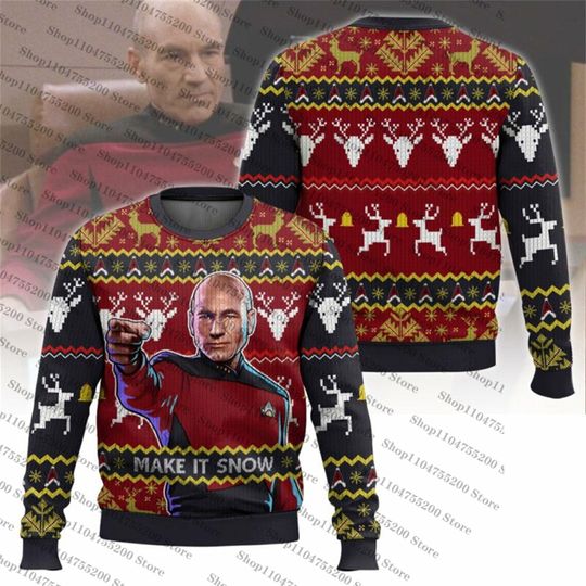 Discover Captain Picard ST Ugly Christmas Holiday Xmas Santa Sweater Men Women Pullover Round Neck Long Sleeve Top 2026 New Sweatshirt