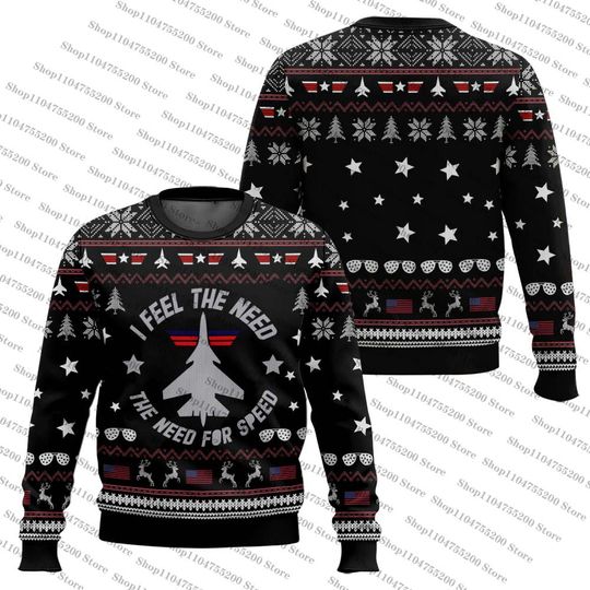 Black I Feel The Need Fighter Sports Christmas Limited Ugly Sweater Winter Clothing Holiday Sweatshirt Party Graphic Pullover
