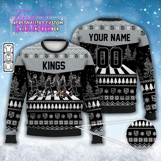 Custom Kings Walking Abbey Road Ugly Christmas Sweater Ice Hockey Hoodie, Luc Dubois, Ane Kopitar, Laferriere, Copley, Los Angeles