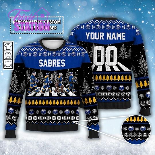 Custom Sabres Walking Abbey Road Ugly Christmas Sweater Ice Hockey Hoodie, Zach Benson, Devon Levi, Thompson, Rasmus Dahlin