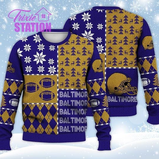 Discover Baltimore Ugly Sweater Christmas, Retro Football American Sweatshirt Pattern 3D Hoodie, Shirt Xmas Full Print