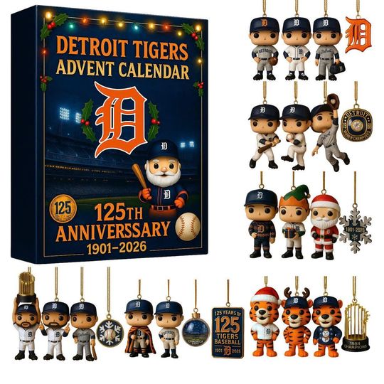 Discover Detroit Tigers 125th Anniversary Advent Calendar 2025 | 24 Day MLB Ornament Set | Tiger Head Collector Gift for Baseball Fans