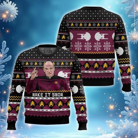 Discover Sci-Fi Captain Make It Snow Christmas Sweater, Funny Space Opera Jumper, Maroon Black Ugly Crewneck, Retro TV Fan Gift, Holiday Party Top