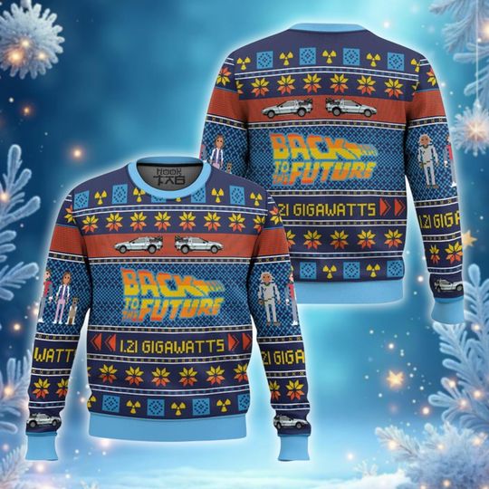Time Travel Car Ugly Christmas Sweater, Funny 1.21 Gigawatts Jumper, Navy Orange Crewneck, Retro Movie Fan Gift, Holiday Party Top