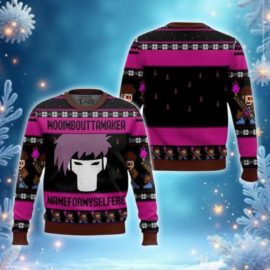 Edgy Character Mask Christmas Sweater, Funny Quote Video Game Jumper, Black Pink Ugly Crewneck, Gamer Fan Gift, Pixel Art Holiday Top