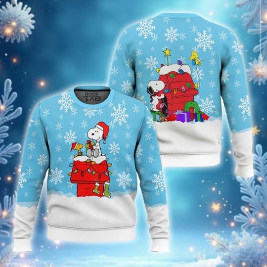 Adorable Beagle Woodstock Christmas Sweater, Winter Snow Xmas Light Jumper, Light Blue White Crewneck, Cartoon Character Holiday Gift