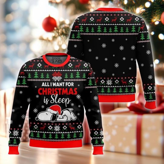 Funny Sleeping Dog Christmas Sweater, All I Want Is Sleep Jumper, Black Red Xmas Crewneck, Introvert Holiday Gift, Ugly Party Top