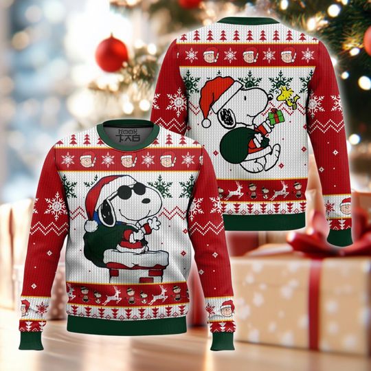 Discover Cool Beagle Santa Christmas Sweater, Skiing Dog Ugly Jumper, Red White Xmas Crewneck, Cartoon Fan Gift, Winter Sports Holiday Top