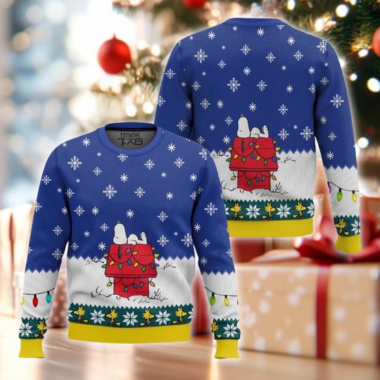 Discover Adorable Beagle Christmas Sweater, Dog House Xmas Light Jumper, Blue Yellow Winter Crewneck, Cartoon Character Fan Gift, Ugly Party Top