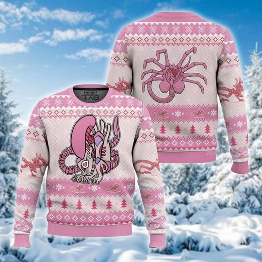 Pink Alien Ugly Christmas Sweater, Funny Horror Movie Monster Xmas Sweatshirt, Cute Sci-Fi Valentine Holiday Crewneck Gift