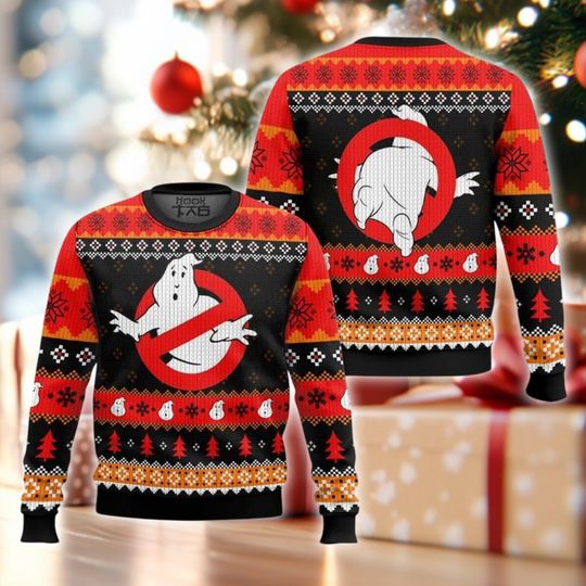 Funny Ghost Hunter Ugly Christmas Sweater, Retro Movie Logo Xmas Jumper, Holiday Party Crewneck, Parody Fan Gift, Black Red Knitted Shirt