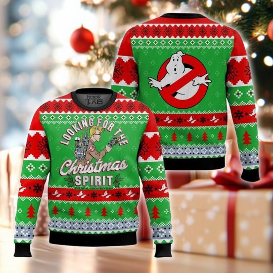 Christmas Spirit Hunter Ugly Sweater, Funny Holiday Movie Crewneck, Green Red Xmas Sweatshirt, Parody Film Fan Gift, Knitted Party Jumper