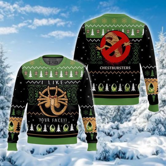 Discover Funny "I Like Your Face" Ugly Christmas Sweater, Chestburster Sci-Fi Xmas Sweatshirt, Alien Horror Holiday Crewneck Gift