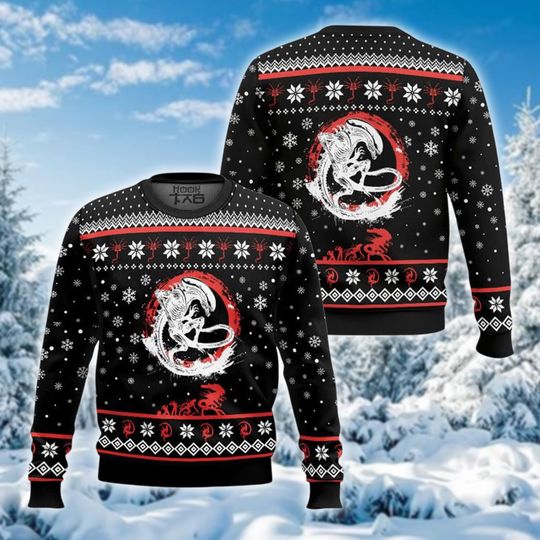 Discover Horror Movie Xenomorph Sketch Ugly Christmas Sweater, Space Alien Xmas Sweatshirt, Black and Red Sci-Fi Holiday Crewneck Gift