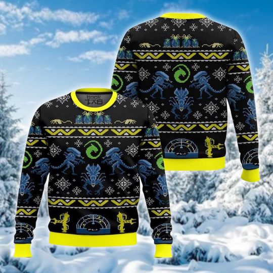 Discover Pixel Art Alien Ugly Christmas Sweater, Retro Video Game Sci-Fi Xmas Sweatshirt, Neon Black Horror Holiday Crewneck Gift