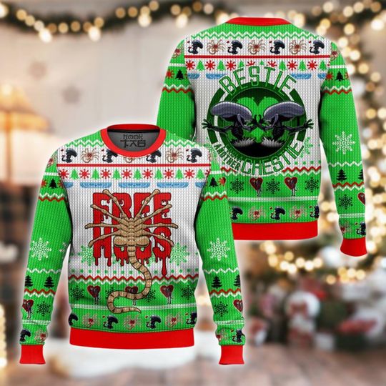 Discover Funny Facehugger Alien Ugly Christmas Sweater, "Bestie Attaches Me" Xmas Sweatshirt, Horror Sci-Fi Holiday Crewneck Gift